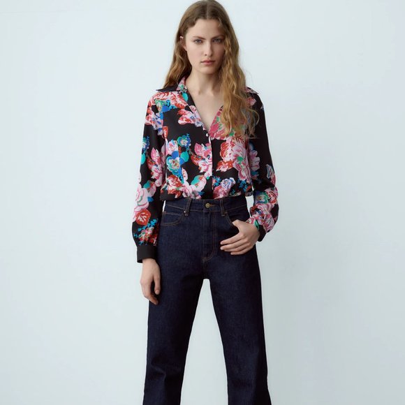 Zara black pink floral blouse shirt top S SM Small - Picture 2 of 16